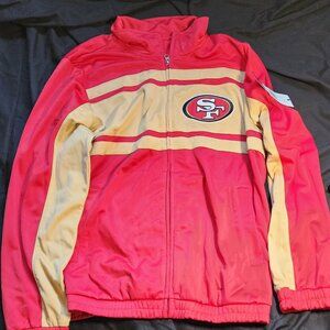 with tags San Francisco 49ers scarlet  jacket, jacket is stained